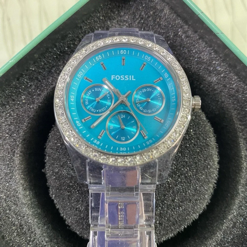 Fossil Womens ES2603 Watch Clear Strap W/Teal Blue Glitz Bezel Face Dazzle EUC